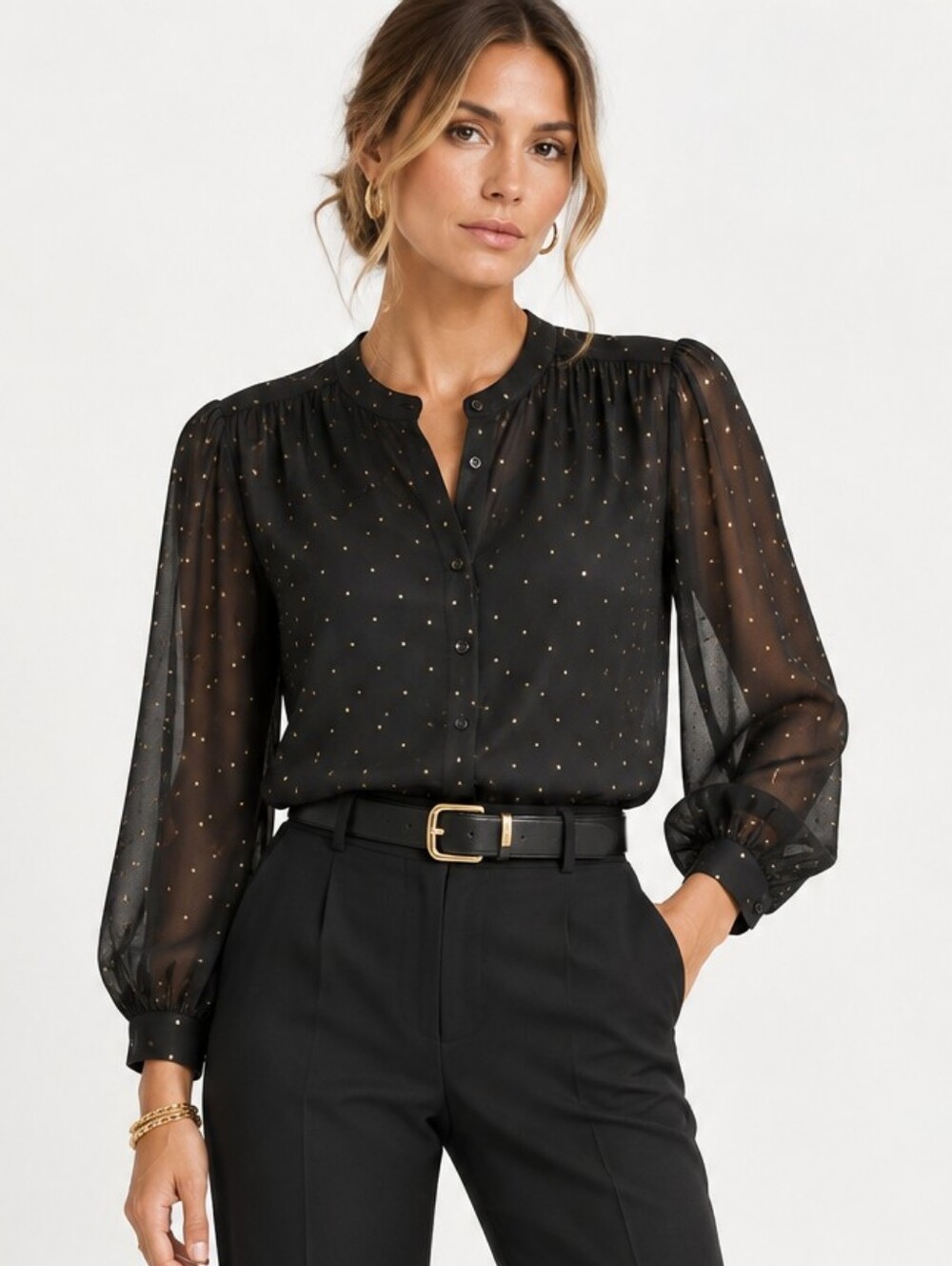 Ce Ce Blouse Gold Metallic Dots Black Long Sleeve